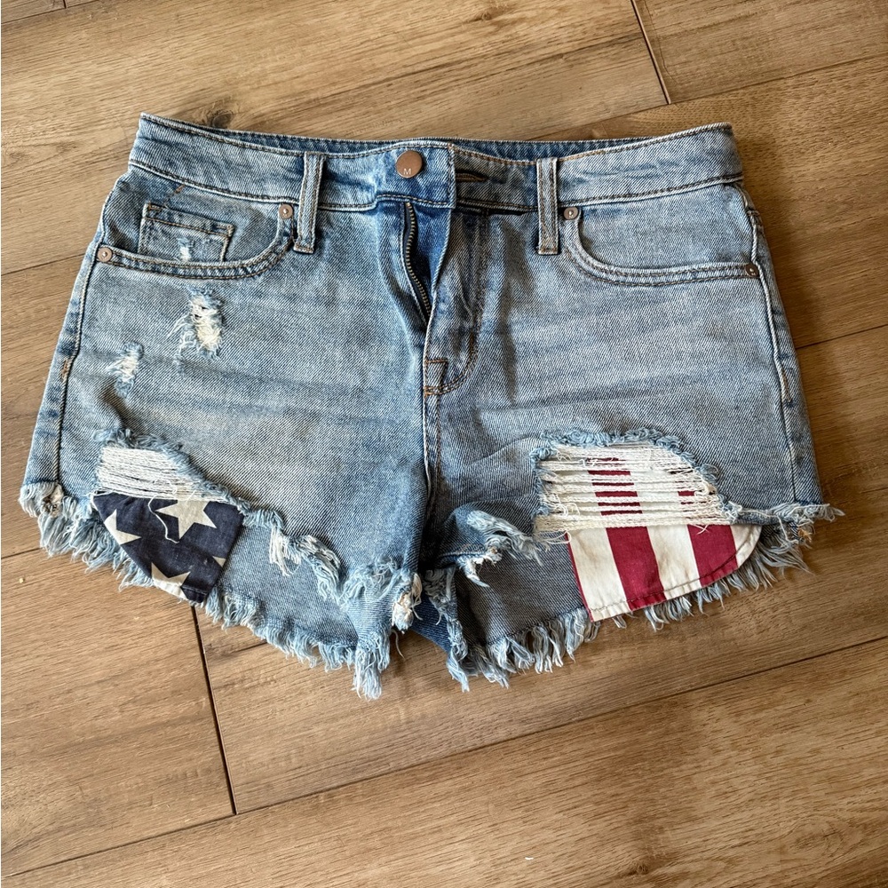 Distressed Denim Shorts with Flag Patch